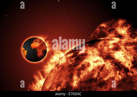 THE PLANET SUN. WITH HOT FIRE. A fireball with hot fire loops which ...