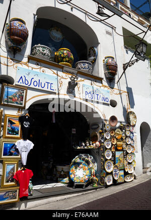 Locally made ceramic dishes and pots displayed outside a shop in Positano, Italy. Stock Photo