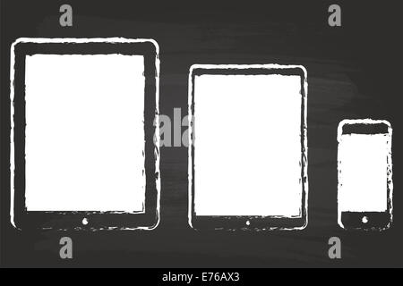 Modern Tablet And Smart Phone Drawing On Black Chalkboard Stock Photo