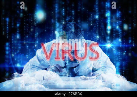 Virus against lines of blue blurred letters falling Stock Photo