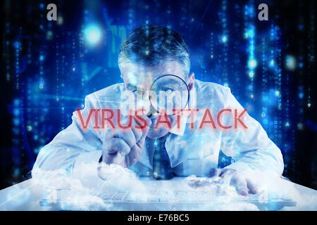 Virus attack against lines of blue blurred letters falling Stock Photo