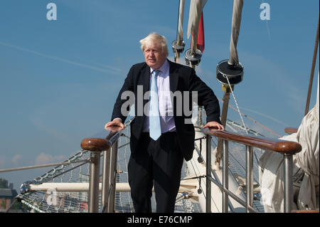 London, UK. 8th September, 2014. London Mayor Boris Johnson visits the TS tenacious at Woolwich Arsenal Pier, Royal Arsenal Riverside, on Monday September 8, 2014. Credit:  Heloise/Alamy Live News Stock Photo
