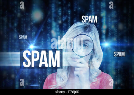 Spam against lines of blue blurred letters falling Stock Photo