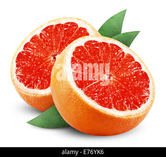 Grapefruit with slice and leaf on white background. Clipping Path Stock Photo