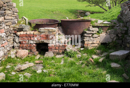 2 old copper boilers in a runined building at Dougarie, Isle of Arran, Scotland Stock Photo