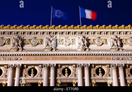 The magnificent Palais Garnier at dusk in Paris, France.  The Palais is a 1,979-seat Opera House built for the Paris Opera. Stock Photo