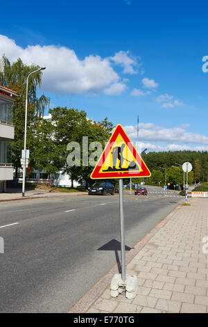 Road works traffic sign, Finland Stock Photo