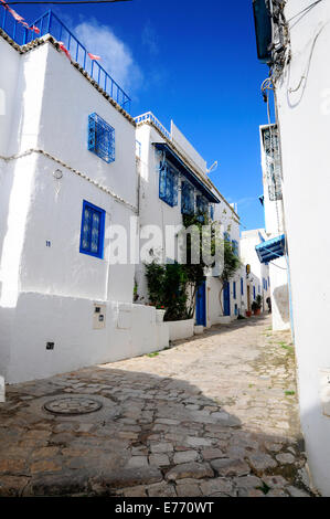 Street of Sidi Bou Said. Sidi Bou Said Andalous village and UNESCO World Heritage near the old Carthage Stock Photo