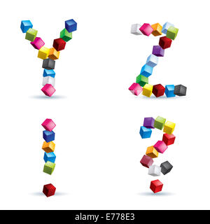 Letters Y and Z, question sign and exclamation sign made of colored blocks. Stock Photo