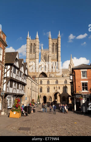 Lincoln Cathedral and city centre seen from Castle Square, Lincoln, Lincolnshire UK Stock Photo
