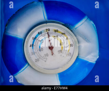 Reading a water thermometer in swimming pool, checking water temperature  Stock Photo - Alamy