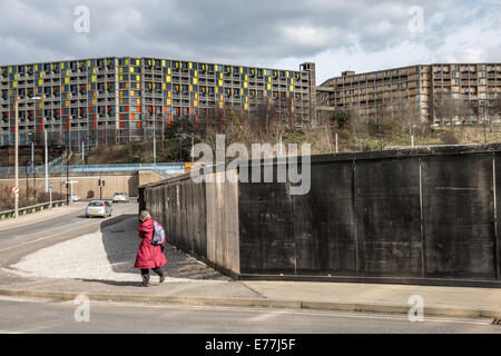 A women walks towards Park Hill Flats in Sheffield, South Yorkshire Stock Photo