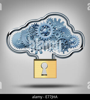 Cloud security concept and internet data protection symbol as a three dimensional lock providing protection to a group of gears Stock Photo