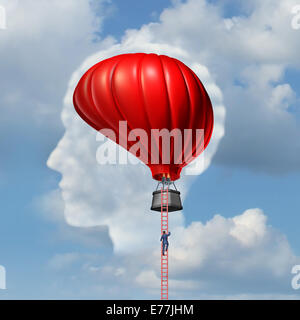 Examining the brain medical concept or business aspiration metaphor as a man climbing or descending a ladder to an air balloon shaped as a human brain as a symbol for the freedom of intelligent thinking. Stock Photo
