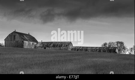 A black and white photo of a old barn in a field on with dark clouds over head. Stock Photo