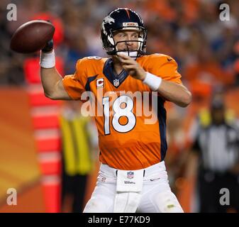 Denver, Colorado, USA. 7th Sep, 2014. Broncos QB PEYTON MANNING readies to throw a pass during the 2nd. half at Sports Authority Field at Mile High Sunday night. The Broncos beat the Colts 31-24. © Hector Acevedo/ZUMA Wire/Alamy Live News Stock Photo