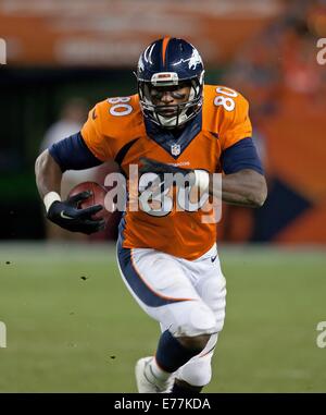 Denver, Colorado, USA. 7th Sep, 2014. Broncos TE runs for the end zone after catching a Pass during the 4th. quarter at Sports Authority Field at Mile High Sunday night. The Broncos beat the Colts 31-24. © Hector Acevedo/ZUMA Wire/Alamy Live News Stock Photo