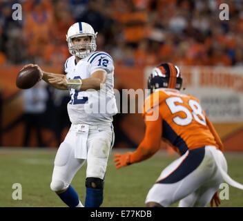 Denver, Colorado, USA. 7th Sep, 2014. QB ANDREW LUCK readies to throw a pass during the 4th. quarter at Sports Authority Field at Mile High Sunday night. The Broncos beat the Colts 31-24. © Hector Acevedo/ZUMA Wire/Alamy Live News Stock Photo