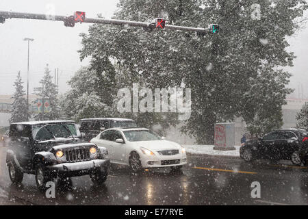 Rush hour traffic on Memorial Drive in Calgary during the first snowfall of the season. Stock Photo