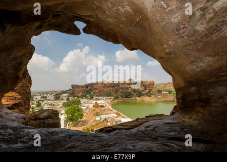 View from Badami Caves, carved out of solid rock in 6th to 7th century, across the lake towards the town, Badami, Karnataka Stock Photo