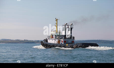 Black tug is underway on Black sea, Bulgaria Stock Photo