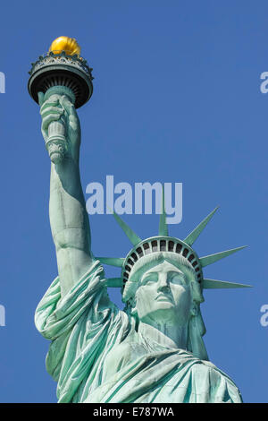 Statue of Liberty New York close up night. Face and illuminated crown ...