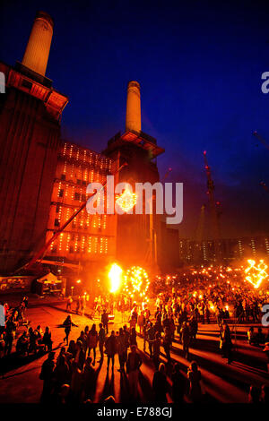 Fire Garden, a performance delivered by the French performance group Carabosse at Battersea  power station on the theme of fire Stock Photo