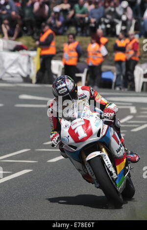 John McGuinness riding his Valvoline Racing by Padgetts Suoerstock Honda, during the 2014 Isle of Man TT races. Stock Photo