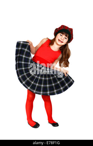 Cute little girl dressed in Scottish style. Portrait isolated on white background Stock Photo