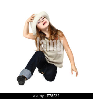 Little girl posing in a white hat too big for her head. Portrait isolated on white background Stock Photo