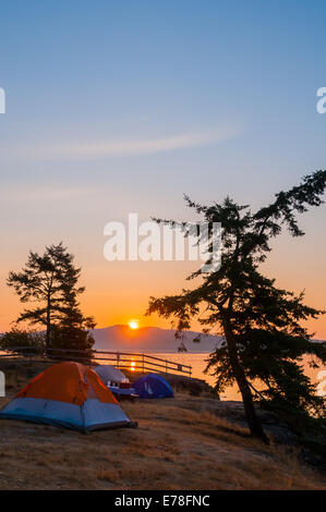 Ocean side campsite at sunrise, Ruckle Provincial Park, Salt spring Island, British Columbia, Canada Stock Photo