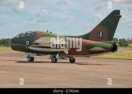 Greek Air Force LTV TA-7C Corsair II departs RAF Fairford, Gloucestershire, England, on 14th July 2014, after the Royal International Air Tattoo. LTV is Ling-Temco-Vought. Stock Photo