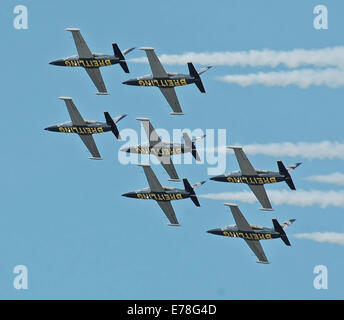 Aero L-39 Albatros aircraft of the Breitling Jet Team practice over Fairford, England, on Thursday July 10th 2014, for the Royal International Air Tattoo of Saturday and Sunday July 12th and 13th 2014. The aircraft is a 2-seater Czech-made military traini Stock Photo