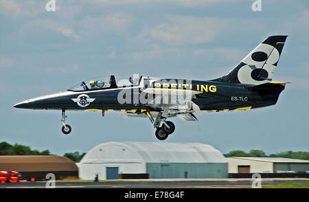 Aero L-39 Albatros (ES-TLC) of the Breitling Jet Team lands at Fairford Airfield, England, on Thursday July 10th 2014 to perform in the Royal International Air Tattoo of Saturday and Sunday July 12th and 13th 2014. The aircraft is a 2-seater Czech Republi Stock Photo