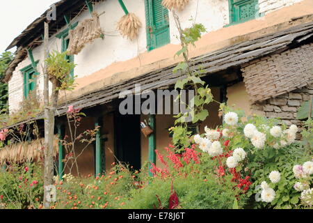 Old traditional white and green painted-slate roofed gurung townhome with corn cobs hanging on facade and porch-flower clumps Stock Photo