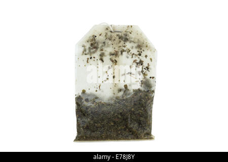 Closeup of an used wet tea bag isolated on white background Stock Photo