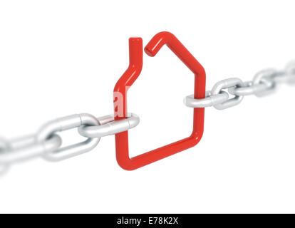 Red house symbol blocked with metal chains - 3d illustration render perspective deep of field Stock Photo