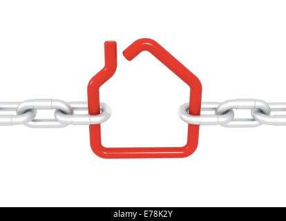 Red house symbol blocked with metal chains - 3d illustration render isolated with clipping path Stock Photo