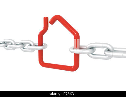 Red house symbol blocked with metal chains - 3d illustration render isolated with clipping path Stock Photo