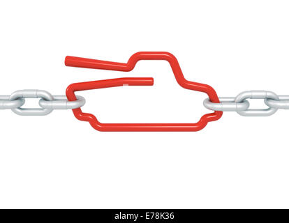 Red tank military symbol blocked with metal chains war concept- 3d front illustration render Stock Photo
