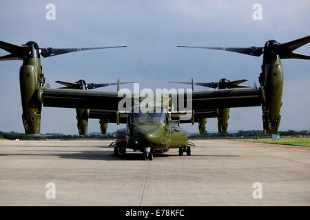 U.S. Marine Corps MV-22 Osprey tiltrotor aircraft cycle through preflight checks in preparation for the arrival of President Barack Obama at RAF Fairford, England, Sept. 3, 2014. The aircraft provided aerial support during the president's flight from RAF