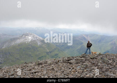 A man and his dog survey the view from Ben Nevis's Peak Stock Photo