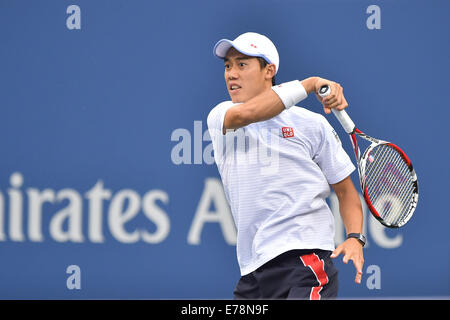 Flushing Meadows, New York, USA. 08th Sep, 2014. Kei Nishikori of Japan returns to Marin Cilic the Men's Singles Championship title at the US Open, Billie Jean King National Tennis Center, Flushing Meadow, NY. Cilic won in straight sets 6-3, 6-3 and 6-3. © Action Plus Sports/Alamy Live News Stock Photo