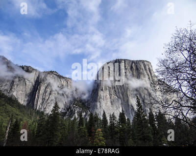 El Capitan, a granite monolith, rises about 3,000 ft from the valley floor at Yosemite National Park.