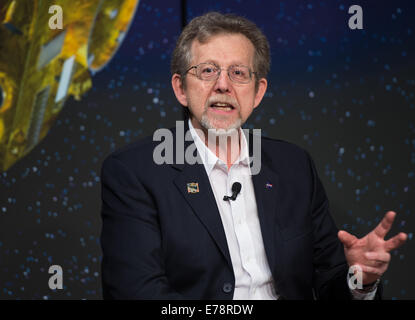 Dr. Jim Green, Director of NASA’s Planetary Division, speaks on a panel at the &quot;New Horizons: The First Mission to the Pluto System and the Kuiper Belt&quot; Event at NASA Headquarters in Washington, DC Monday, August 25, 2014. Scientists discussed h Stock Photo