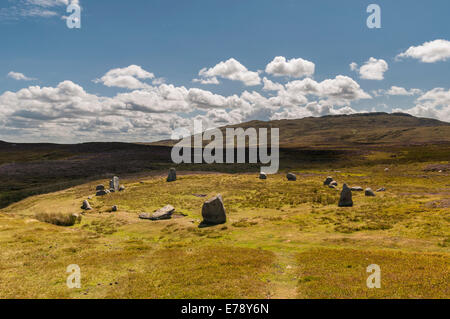 Meini Hirion Druid's Circle above Penmaenmawr North Wales with views to the coast and hills in the surrounding area. Stock Photo