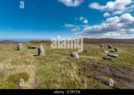 Meini Hirion Druid's Circle above Penmaenmawr North Wales with views to the coast and hills in the surrounding area. Stock Photo