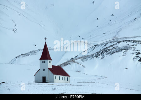 the church above the village of Vík í Mýrdal, southern Iceland Stock Photo