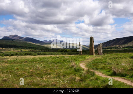 Standing stones, Marchrie Moor, Isle of Arran. Goat Fell in background. Stock Photo