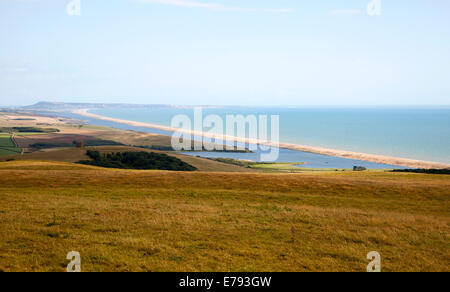 Looking west along Chesil beach from the Isle of Portland on a sunny day  with an onshore wind that has created some surf. Some anglers can be seen  fis Stock Photo 